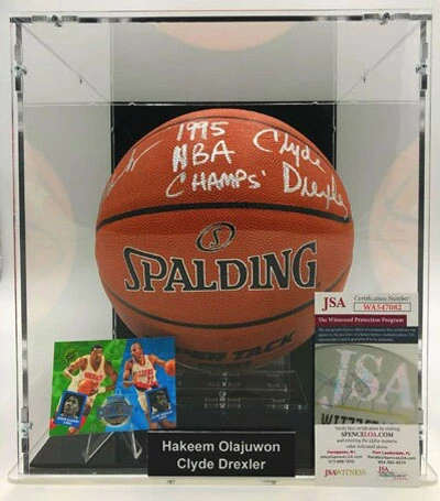HAKEEM OLAJUWON & CLYDE DREXLER Basketball Showcase (Houston Rockets) Signierter Basketball, Super Tack Pro