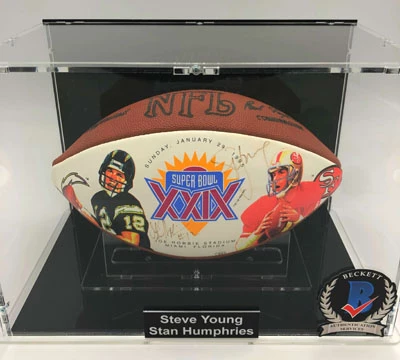 STEVE YOUNG & STAN HUMPHRIES Football Showcase (49ers/Chargers) Signierter Football, Super Bowl XXIX Limited Edition